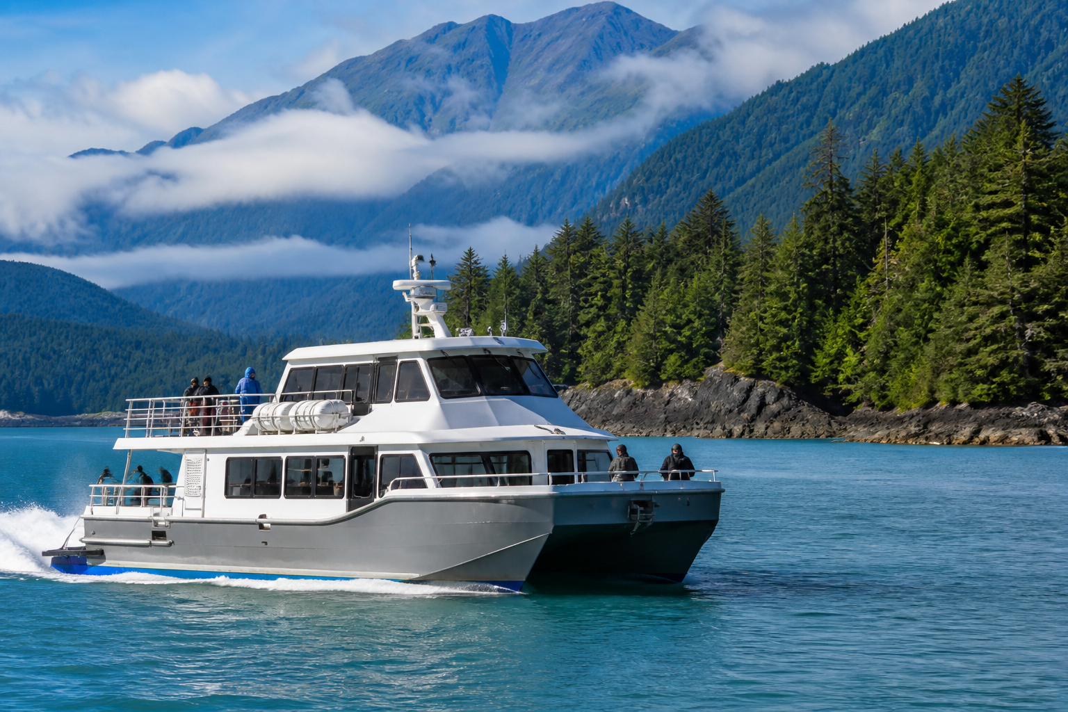 Small-group tour vessel cruising through forested Alaska waters